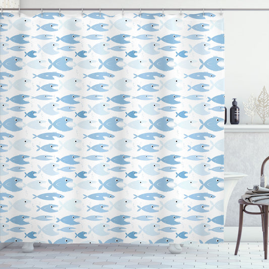 Tropical Piranha Pattern Baby Blue and Pale Blue Fish Shower Curtain