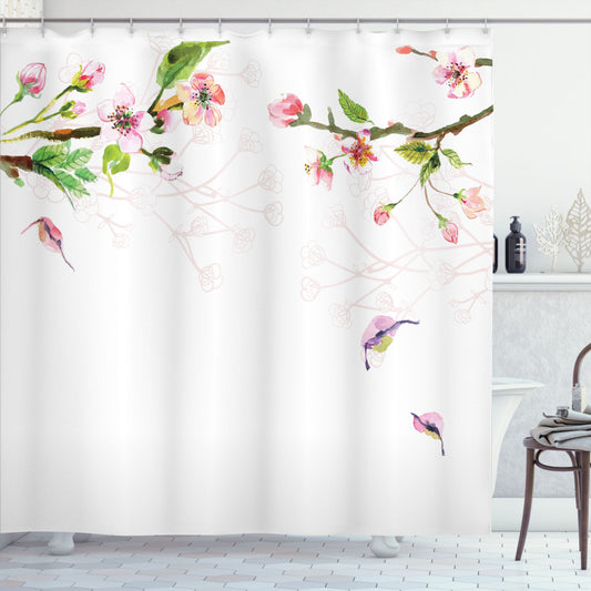 Watercolor Pale Pink and Green Apple Tree in Spring Shower Curtain