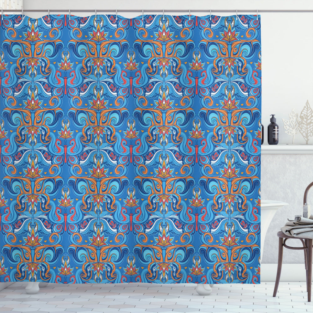 Abstract Floral Ornaments in Blue, Orange, and Coral - Shower Curtain