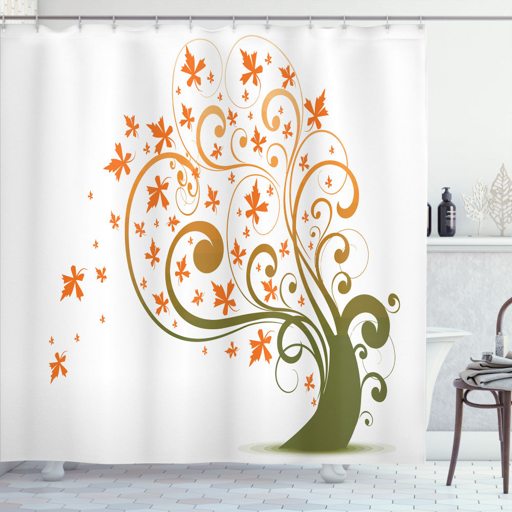 Autumn-inspired Fall Foliage Shower Curtain in Olive Green, Orange, and White