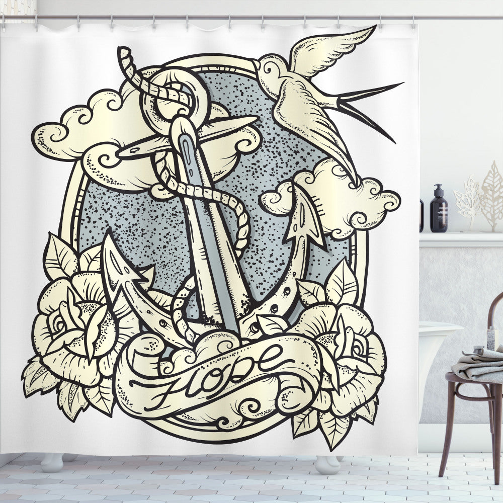 Anchor and Roses Clouds: Stylish Grey Eggshell Bath Curtain