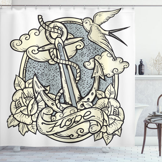 Anchor and Roses Clouds: Stylish Grey Eggshell Bath Curtain