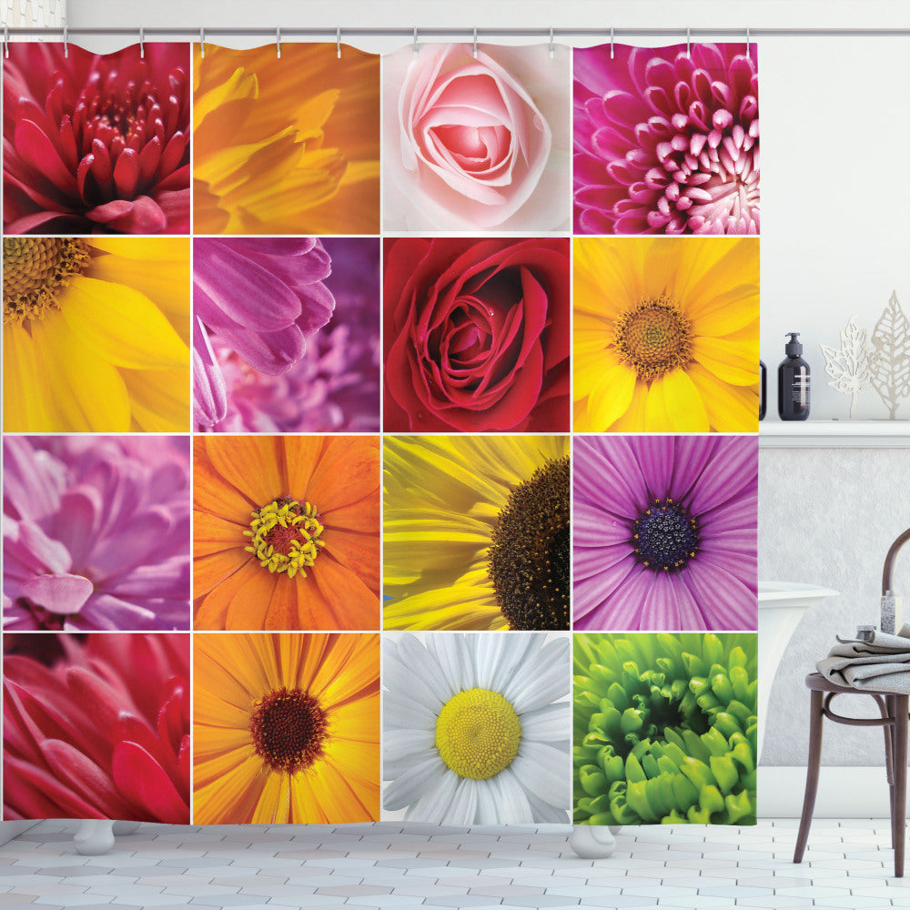 Vibrant Rose-themed Shower Curtain Featuring Colorful Flowers in Orange, Yellow, and Pink