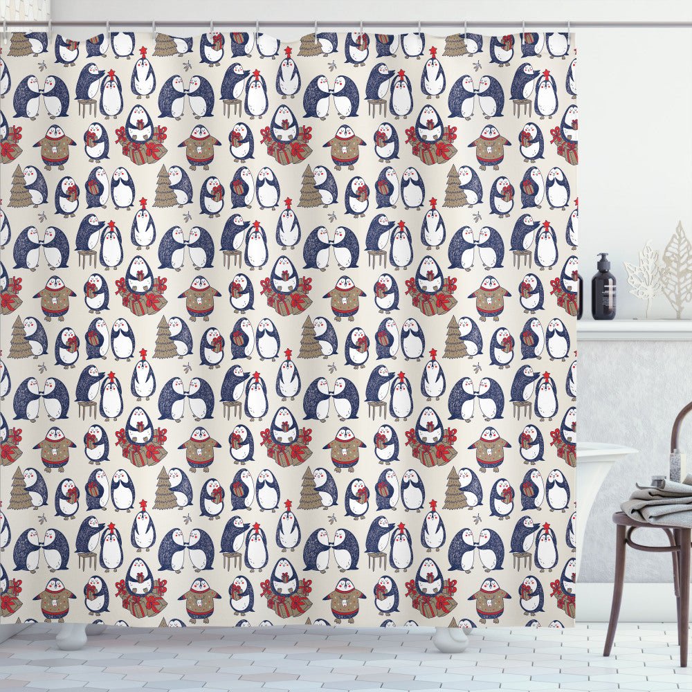 Christmas-themed Navy Blue, White, and Umber Grunge Penguins Shower Curtain Boxes: A Stylish Upgrade for Your Bathroom