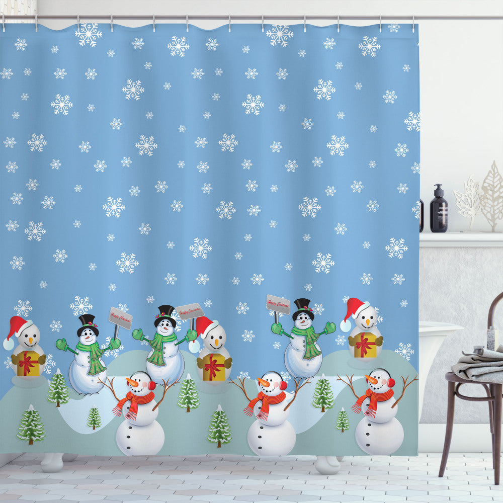 Christmas-themed Multicolor Shower Curtain with a Winter Season Element in Purple, Yellow, and White