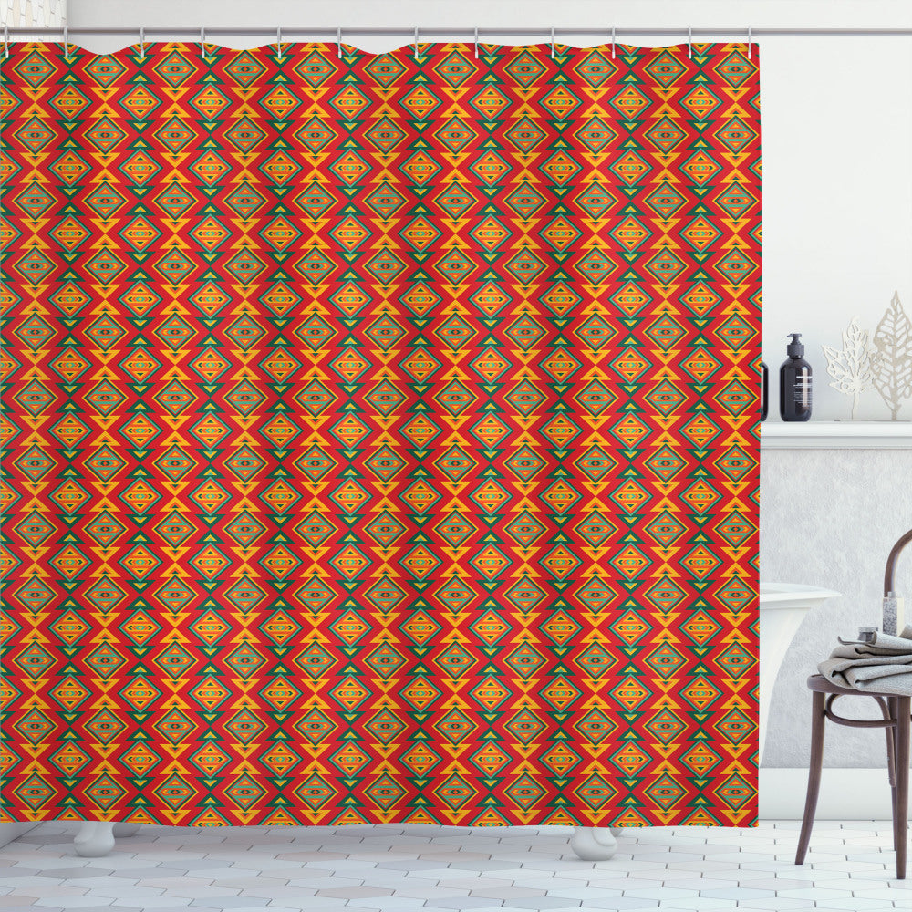 Boho Chic Shower Curtain in Geometric and Tribal Patterns in Vermilion, Dark Seafoam, Hunter Green, and Earth Yellow