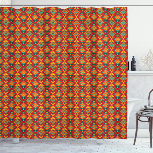 Boho Chic Shower Curtain in Geometric and Tribal Patterns in Vermilion, Dark Seafoam, Hunter Green, and Earth Yellow