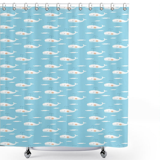 Aquatic Creatures Take Flight: Whale Inspired Pale Brown, Sky Blue, and White Shower Curtain