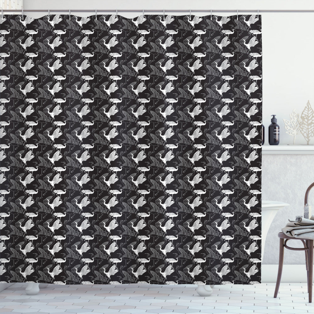 Black and White Crane Pattern Shower Curtain