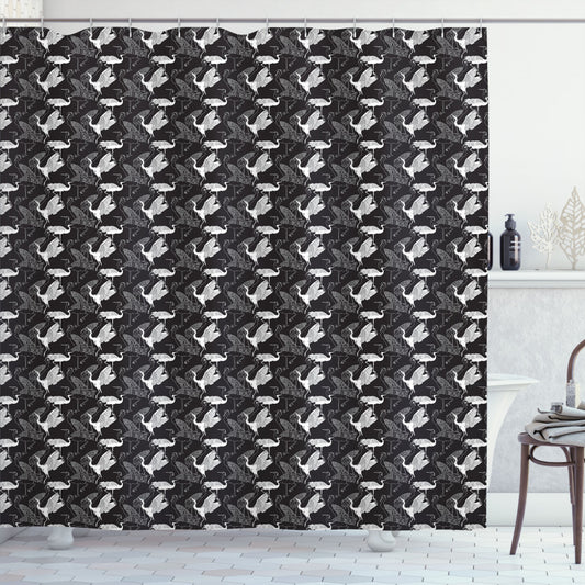 Black and White Crane Pattern Shower Curtain