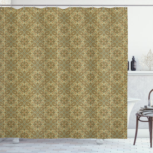 Traditional Dark Green, Pale Brown, and Yellow Ornamented Shower Curtain