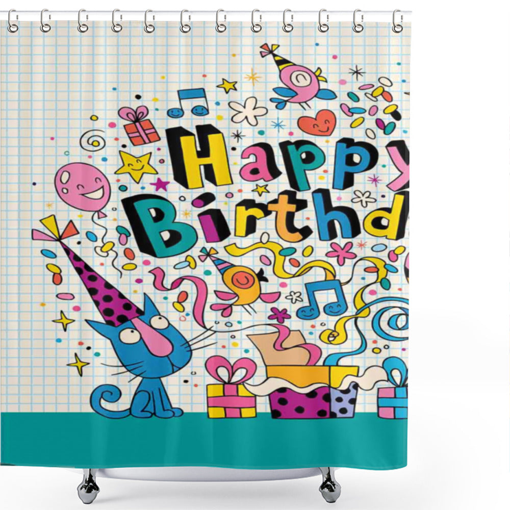 Blue and White Kids Birthday Cats Birthday Party Shower Curtain