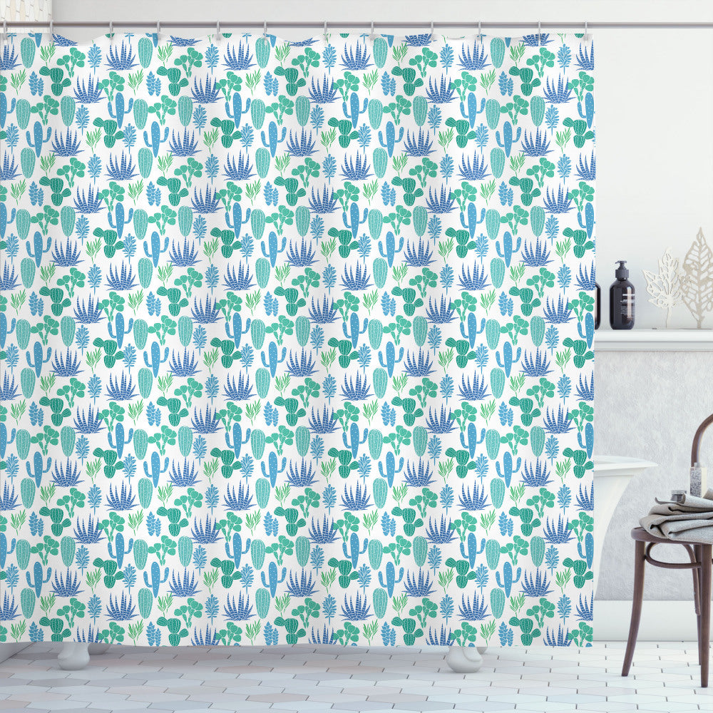 Blue Green Succulent Cacti Plants Shower Curtain in White