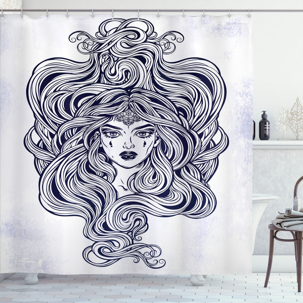 Art Nouveau Medusa Girl Hair Salon: Navy Blue, Pale Grey, and White Shower Curtain