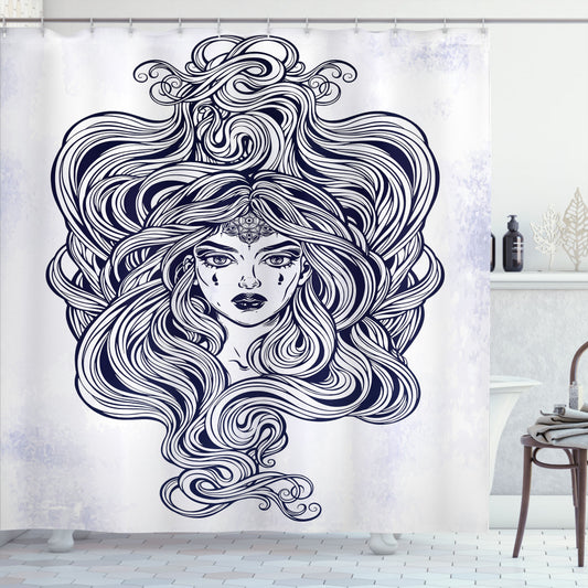 Art Nouveau Medusa Girl Hair Salon: Navy Blue, Pale Grey, and White Shower Curtain