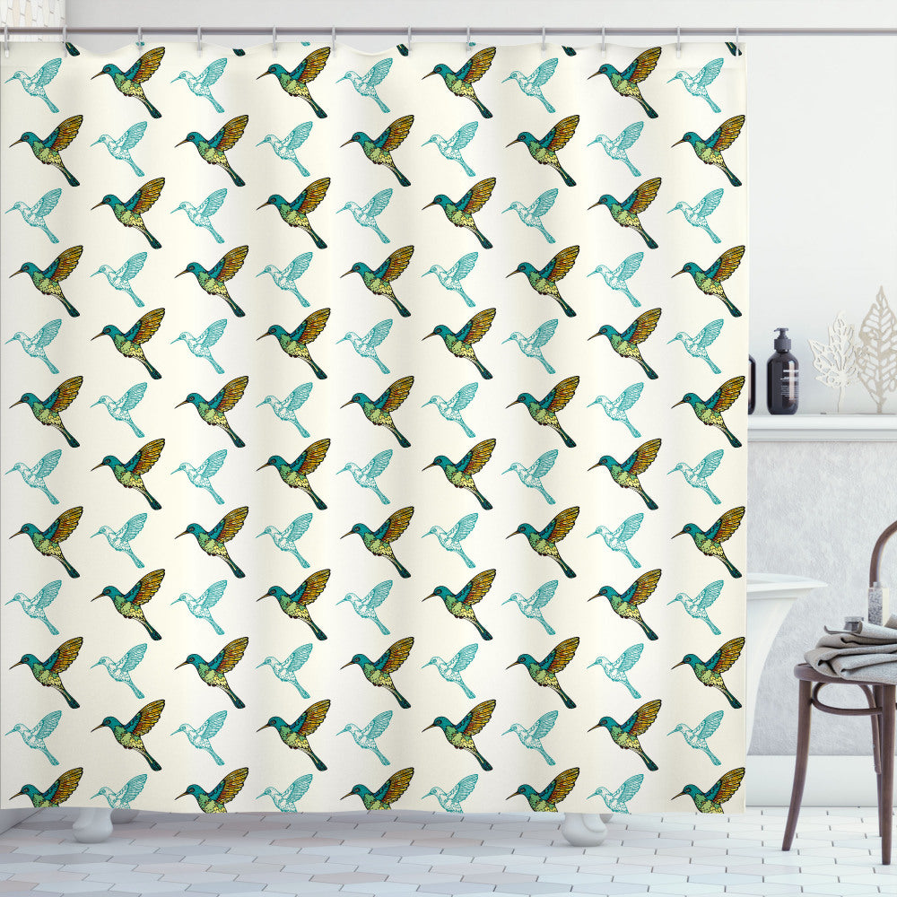 Vibrant Bird-themed Shower Curtain in Ivory, Dark Seafoam, and Multicolor