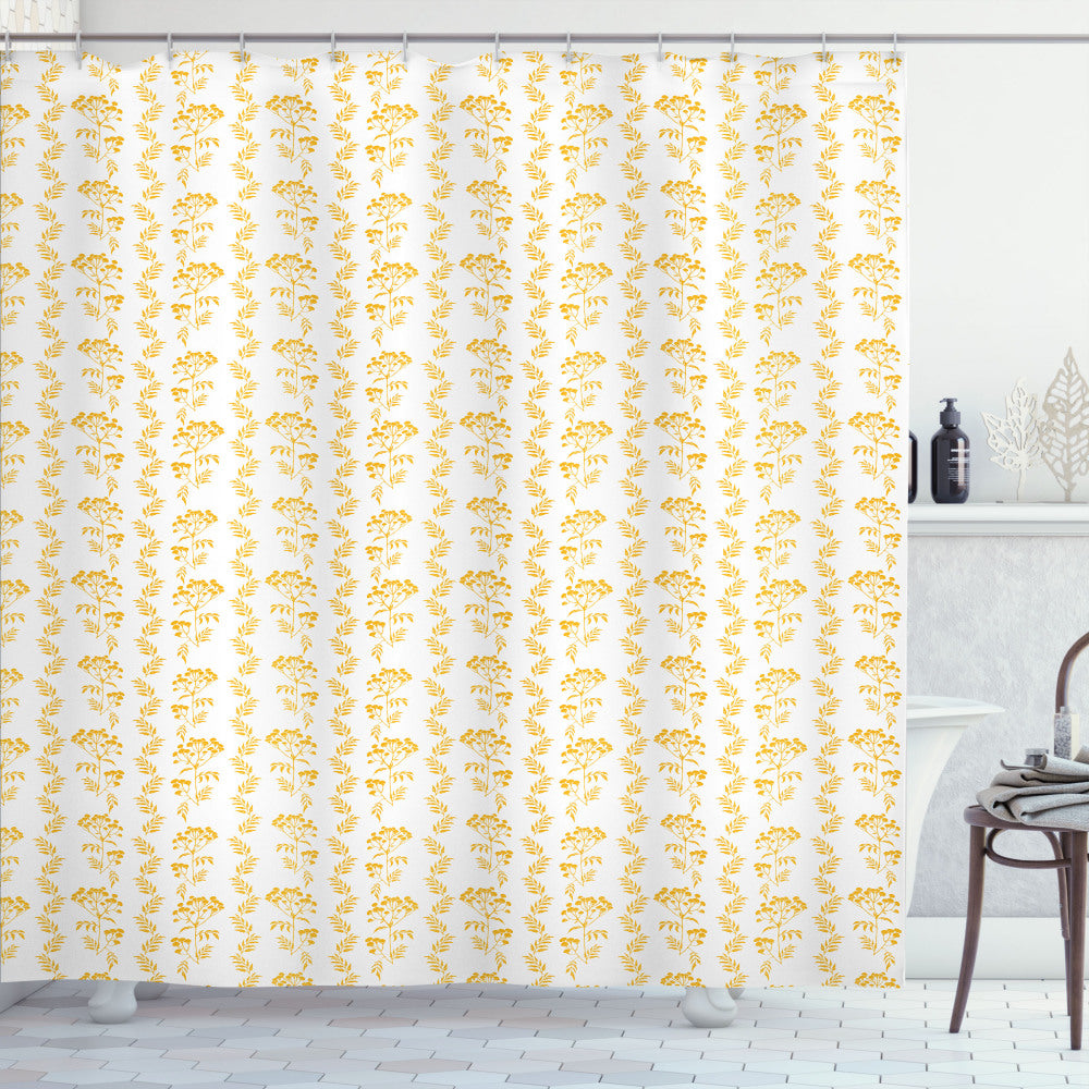 Botanical Branches Tansy Flowers Bath Curtain in Earth Yellow and White Colors