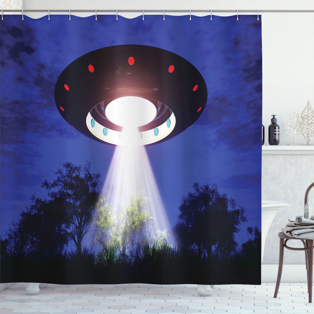 UFO-Inspired Night Scenery Shower Curtain in Multicolor Green, White, and Vermilion Tones