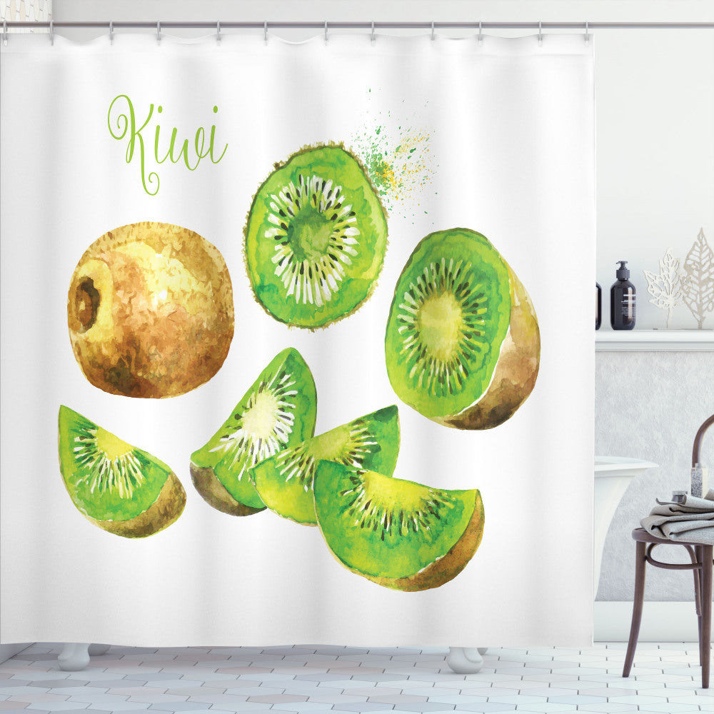 Vibrant Fruit-Inspired Kiwi Patterned Vegan Shower Curtain in Apple Green and Pale Brown