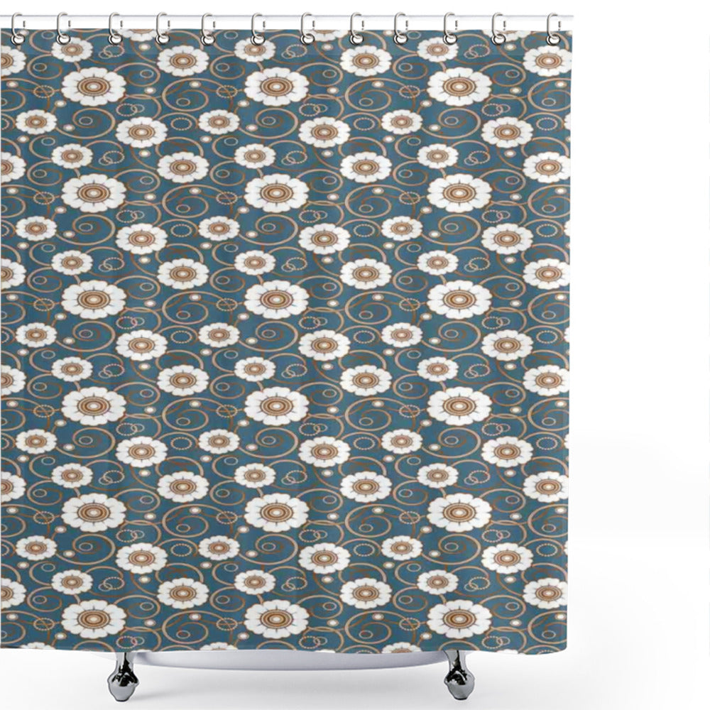 Vintage Petrol Blue, White, and Brown Daisy Pattern Shower Curtain