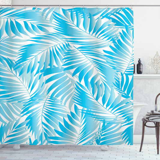 Tropical Miami Palms Bath Curtain in Leaf Green, Turquoise Blue, and Aqua Shades