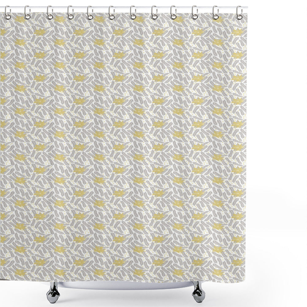 Woodland Winter Leaves Shower Curtain in Pale Yellow Green, Pale Taupe and White_Dots Pattern