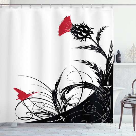 Thistle, Vermilion, White, and Black Floral Butterfly Motif Shower Curtain - Optimized Title