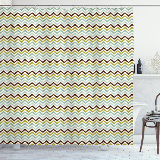 Chevron Zigzag Design in Olive Green, Seafoam, and Brown - Pixel Shaped Shower Curtain