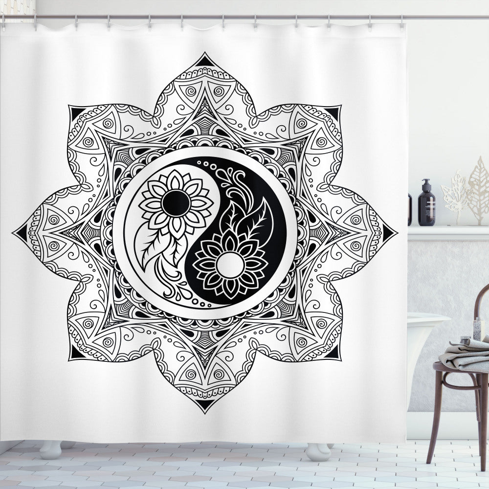 Boho Ying Yang Mandala Shower Curtain in White and Black