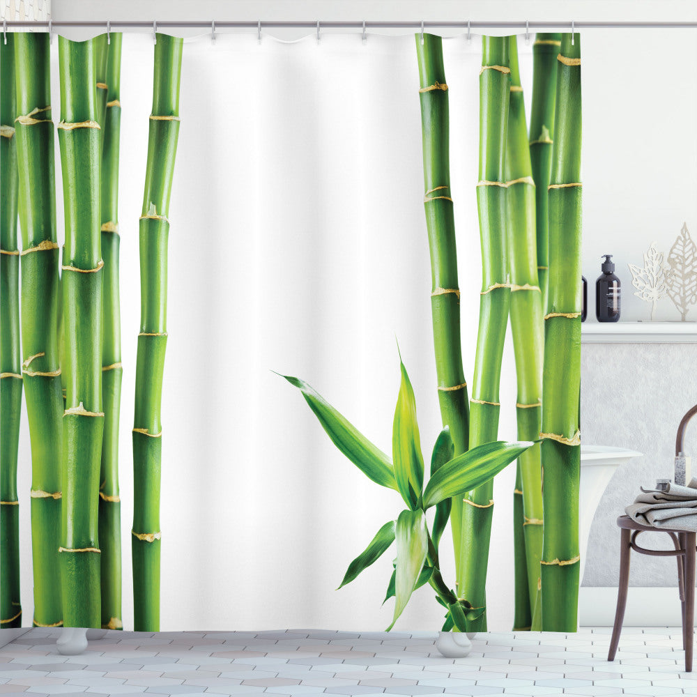 Asian Bamboo Plant-inspired Fern Green and White Shower Curtain