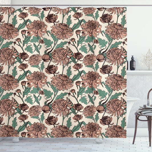 Chrysanthemum-inspired Shower Curtain in Floral Palette of Champagne, Peach, Laurel Green, and Charcoal Grey