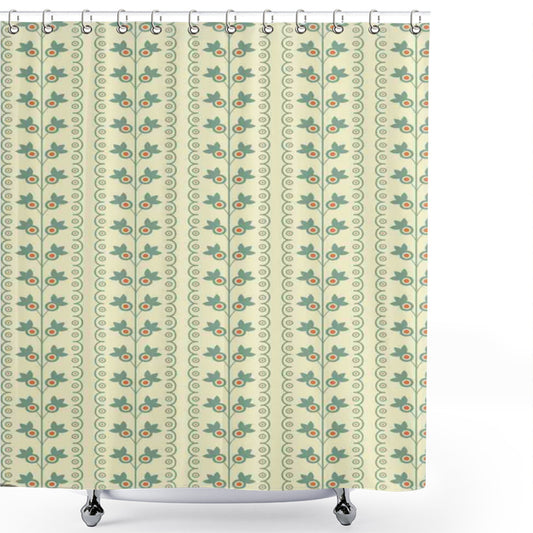 Vertical Lines and Leaf Pattern in Floral Jade Green, Orange, and Cream - Shower Curtain