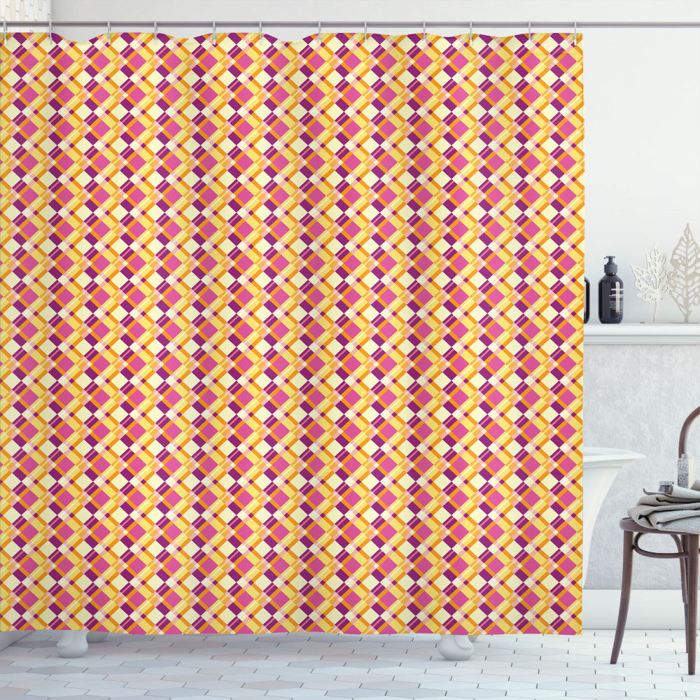 Vibrant Retro Traditional Scottish Plaid Shower Curtains in Yellow, Orange, Pink, and Purple