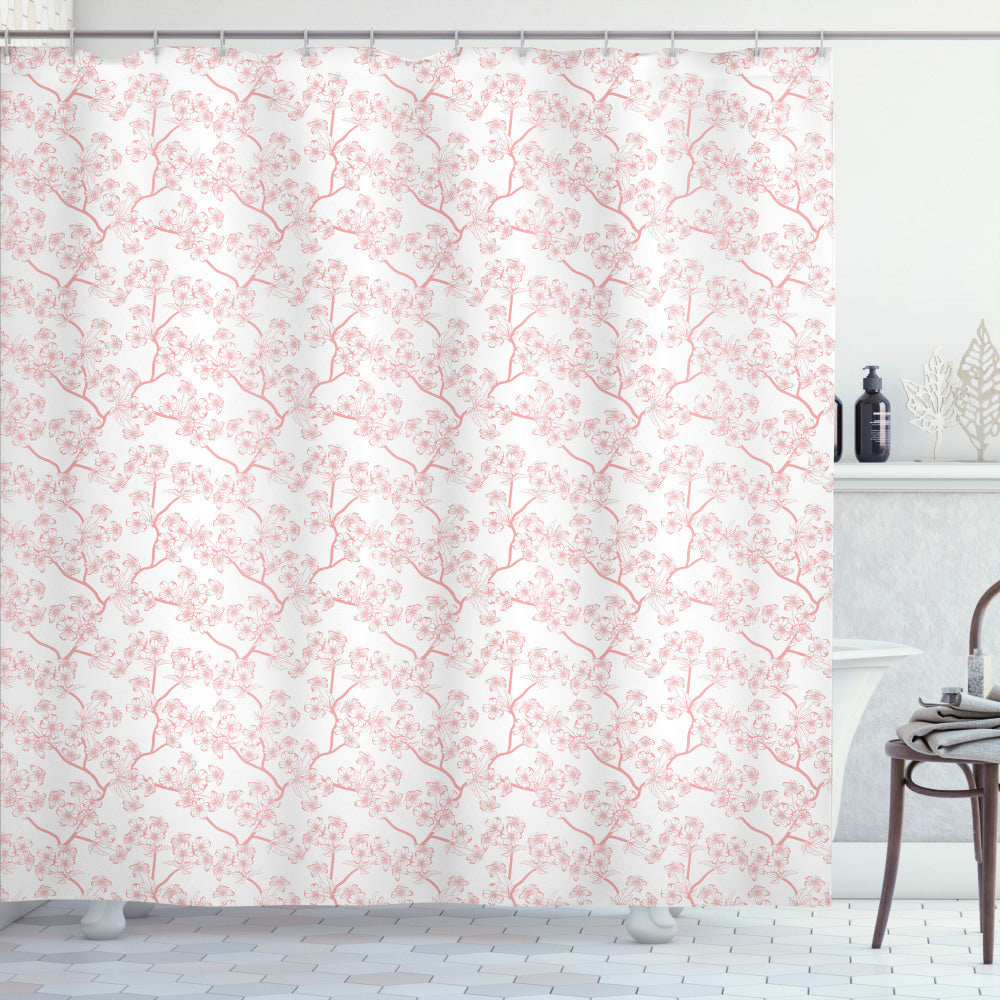 Cherry Blossom-inspired Retro Sakura Shower Curtain in White and Coral