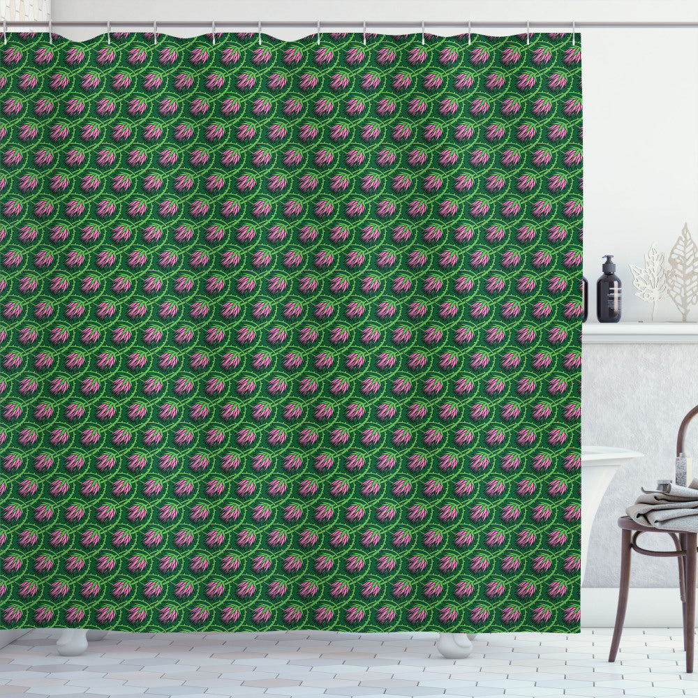 Thistle and Lime Green Fern Green with Pink Curvy Branches Petals Shower Curtain