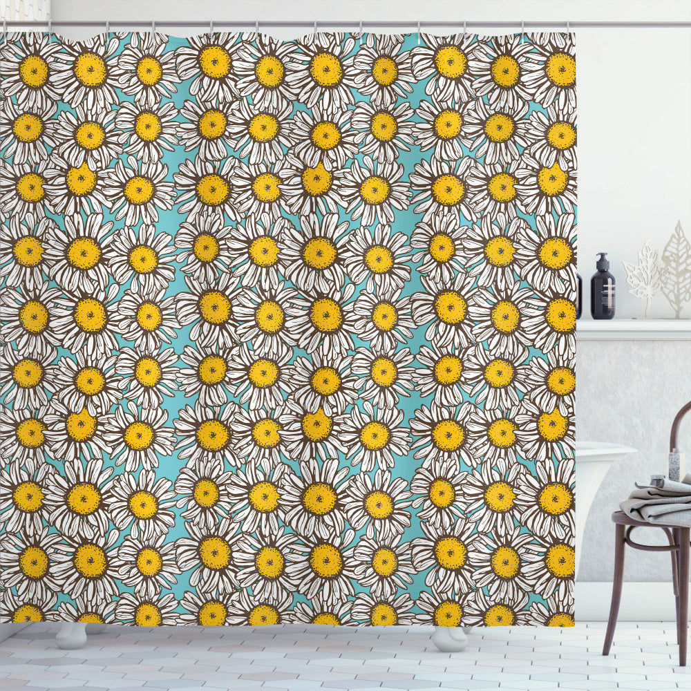 Yellow and White Floral Sketch Daisies Bath Curtain with Pale Blue and Marigold Accents