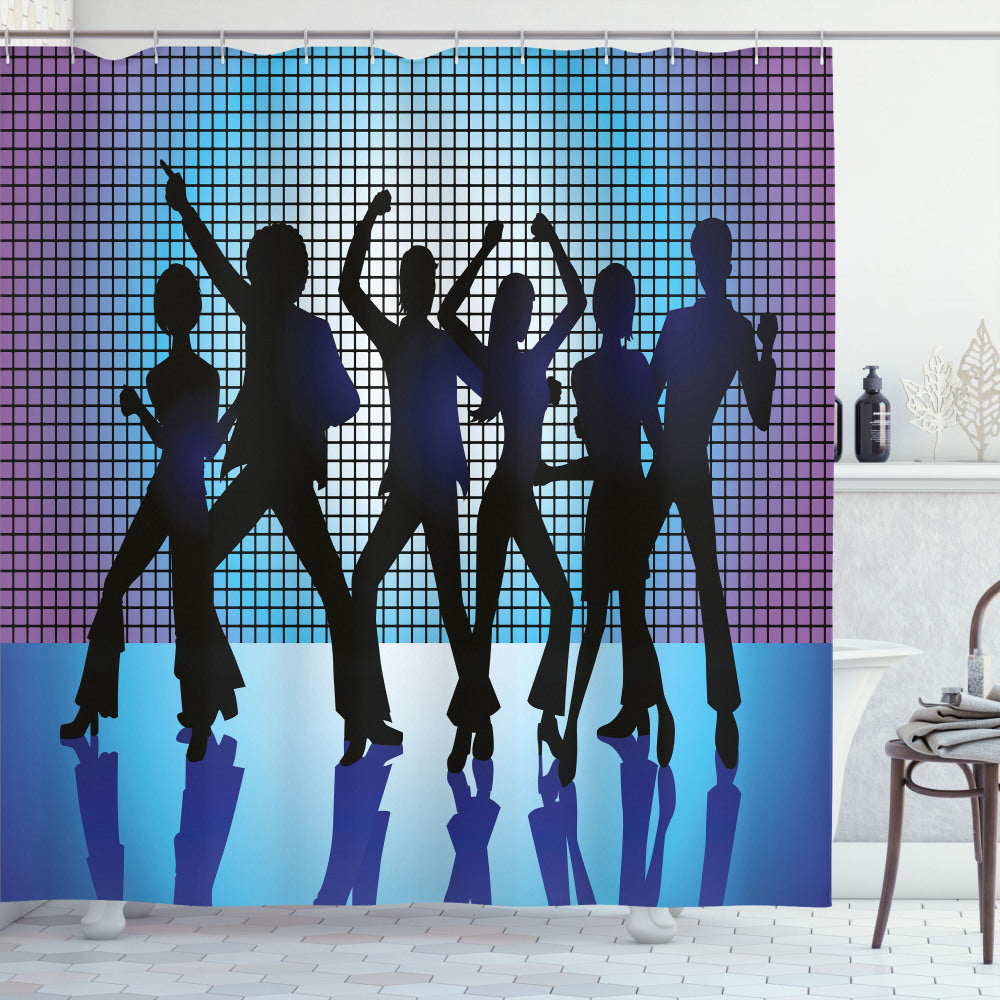 70s Party Inspire: Dancing Night Club Themed Shower Curtains in Purple, Black, and Aqua