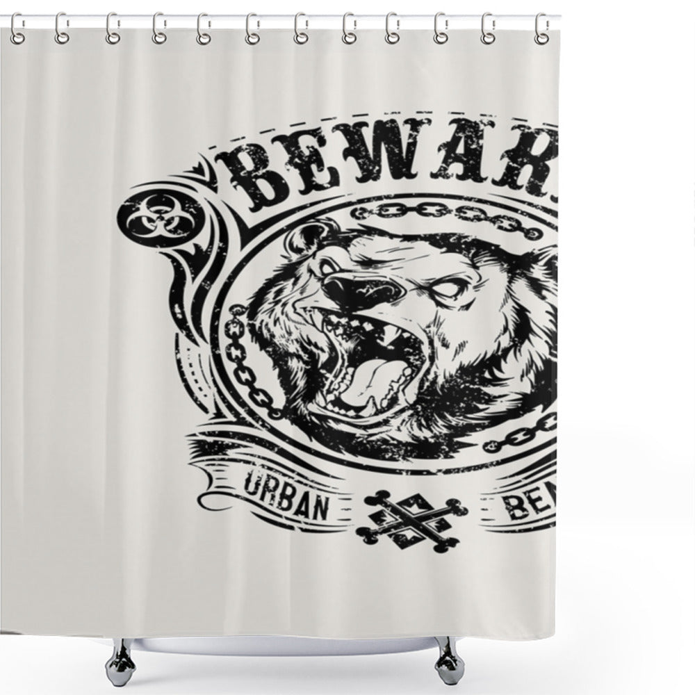 Caution: Bear-themed Shower Curtain in Pale Grey and Black Color Palette