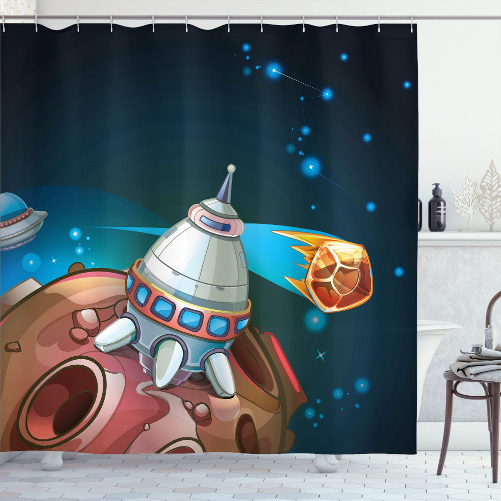 Cartoon Spacecraft Planet Multicolor Shower Curtain: A Space-Inspired Bathroom Upgrade