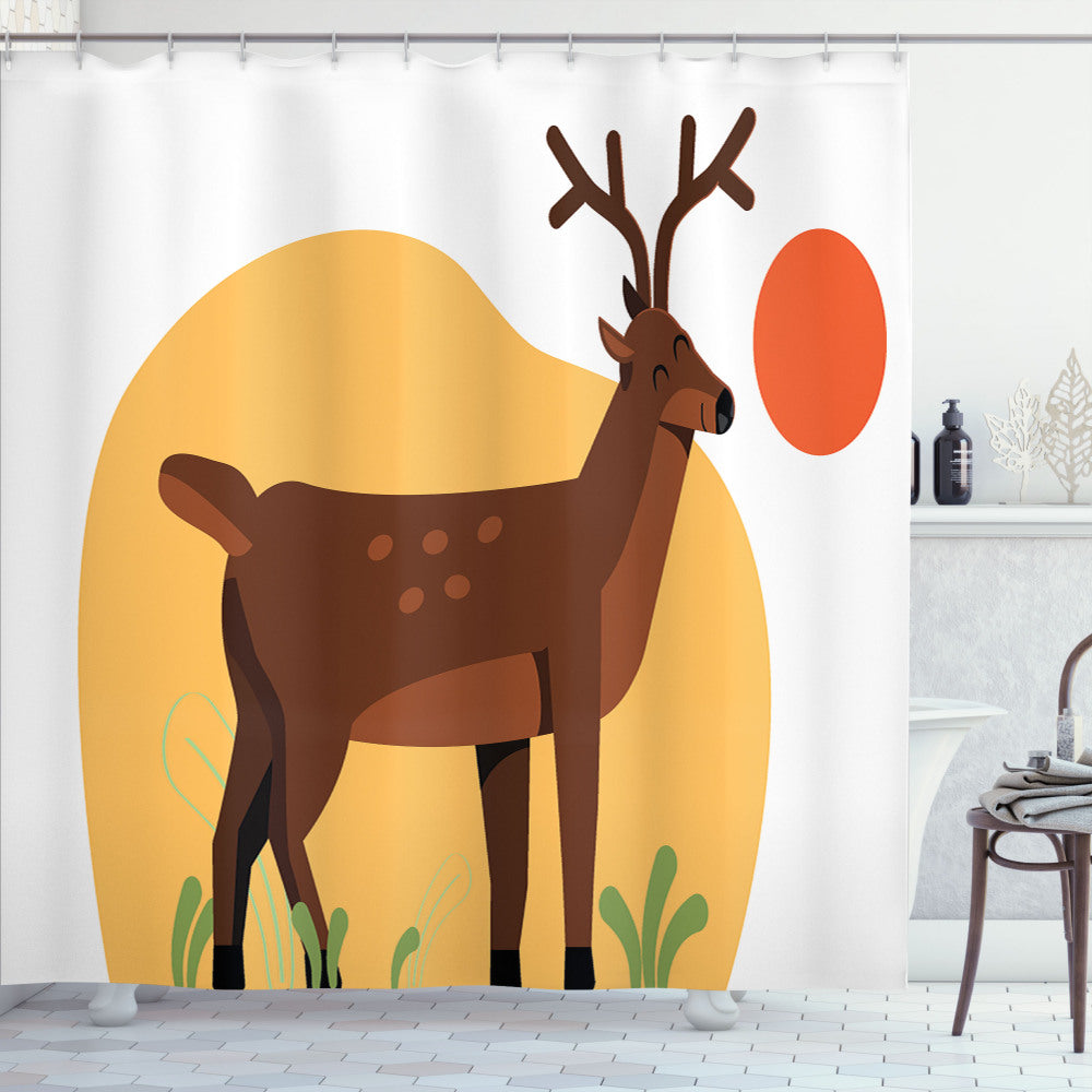 Vibrant Deer Hunting Bath Curtain in Vermilion, Lime Green, Mustard, and Redbrown at Smiling Antler Meadow