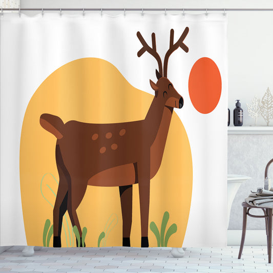 Vibrant Deer Hunting Bath Curtain in Vermilion, Lime Green, Mustard, and Redbrown at Smiling Antler Meadow