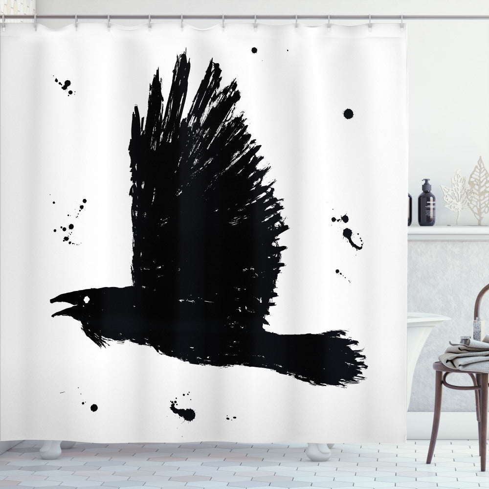 Black Crow and Charcoal Grey Gothic Ink Sketch Bird Design on White Shower Curtain