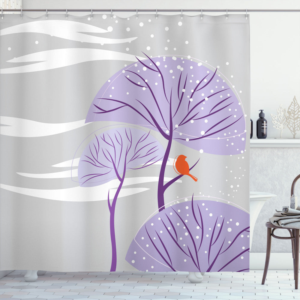 Winter Wonderland: Purple Trees and Snow Birds Shower Curtain in Orange and Purple Dust