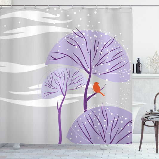 Winter Wonderland: Purple Trees and Snow Birds Shower Curtain in Orange and Purple Dust