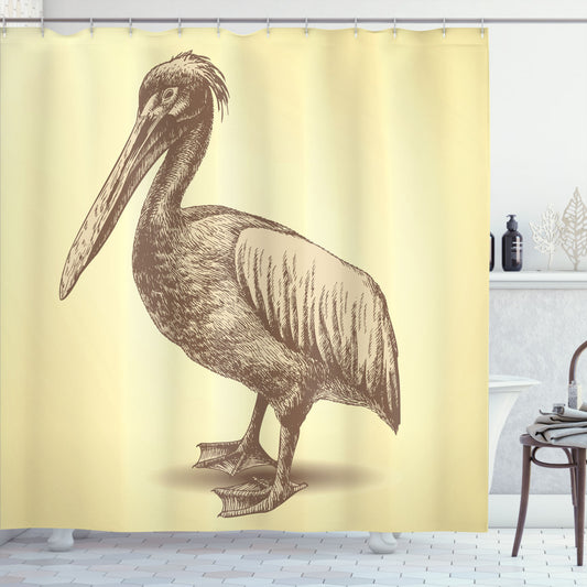 Vintage Yellow, Pale Yellow, and Brown Sketchy Pelican Shower Curtain: A Nostalgic Addition to Your Bathroom