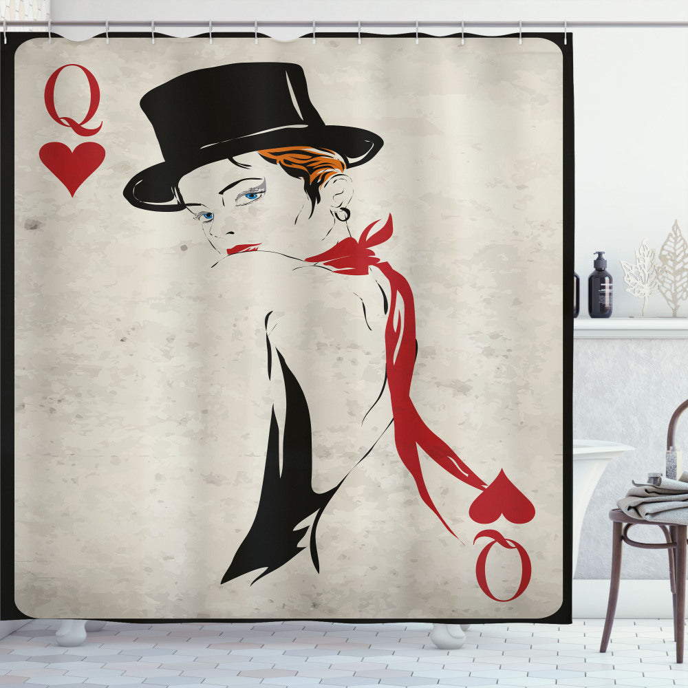 Vintage Queen of Hearts Retro Style Bath Curtain in Vermilion and Beige