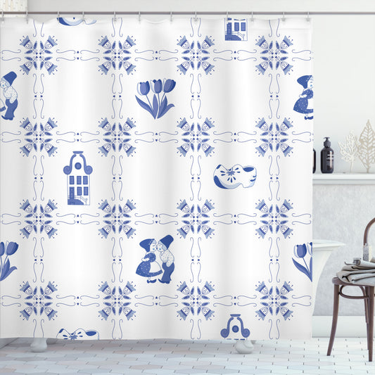 Classic Dutch Culture Inspired Vintage Blue, Violet Blue, and White Shower Curtain