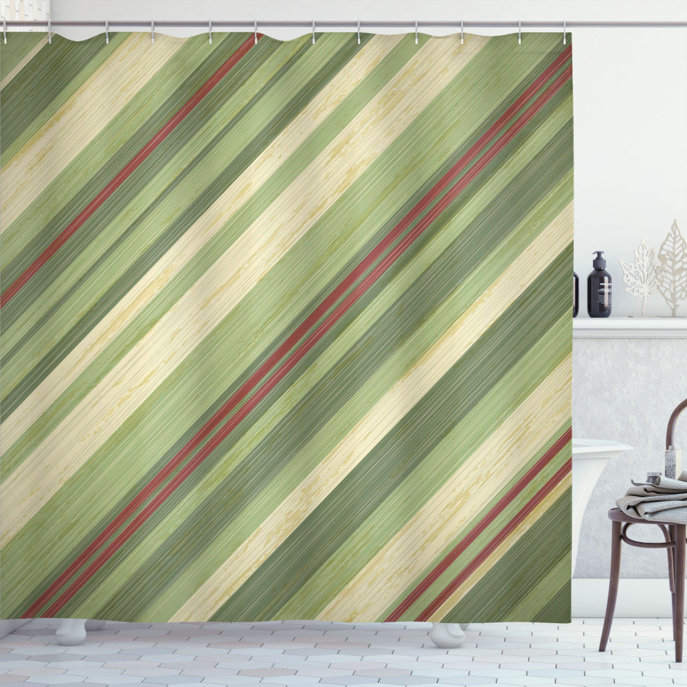 Vintage Cream, Green, and Red Diagonal Stripes Grungy Shower Curtain