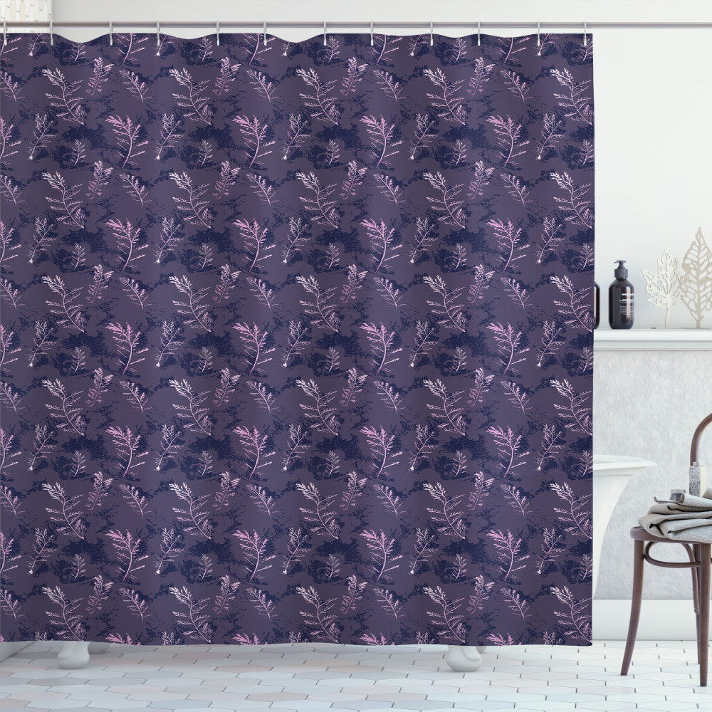 Abstract Branch Herbs Art: Nature-inspired Bath Curtain in Dark Purple Grey, Dark Violet Blue, and Baby Pink