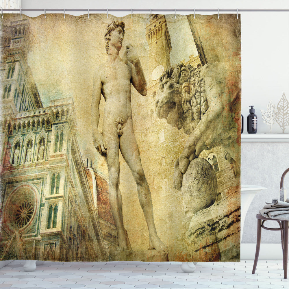 Vibrant Italy Inspired Florence Collage Shower Curtain in Pale Orange, Mint Green, and Yellow